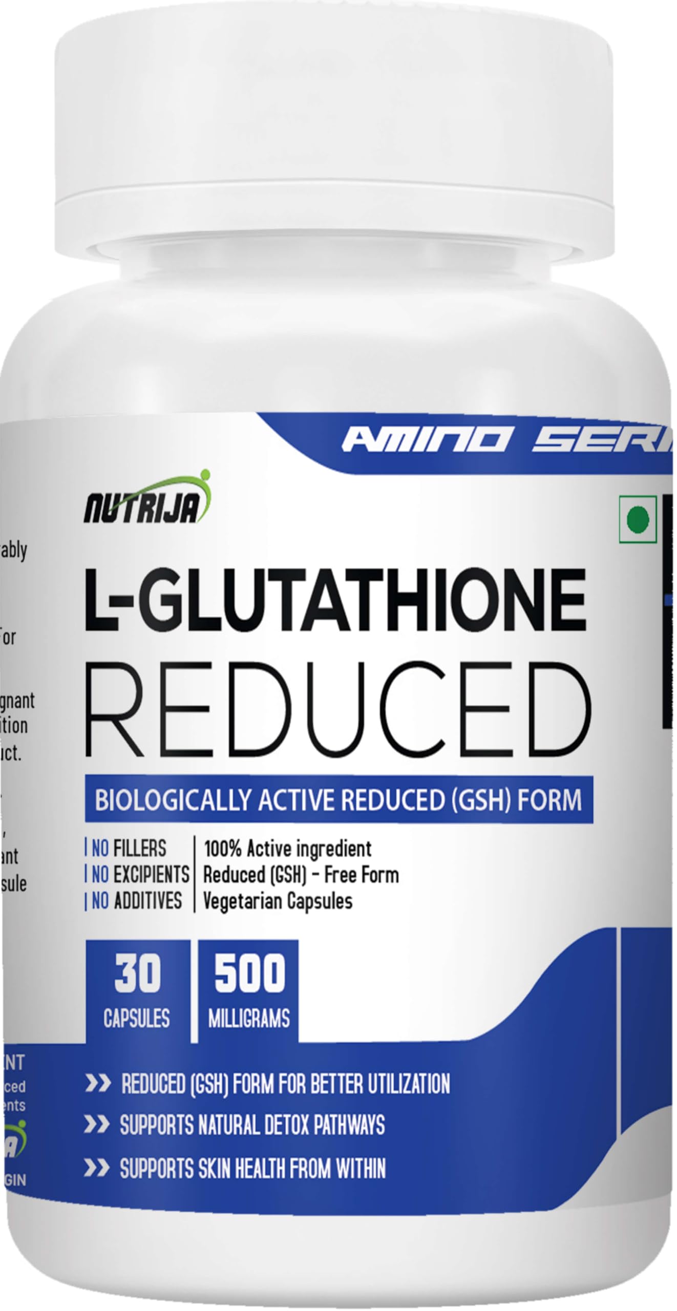 NutriJa L-Glutathione Reduced 500mg, 30 Veg Capsules | Single Ingredient Reduced GSH for Antioxidant Support and Healthy Looking Skin Glow | No Fillers No Excipients No Additives