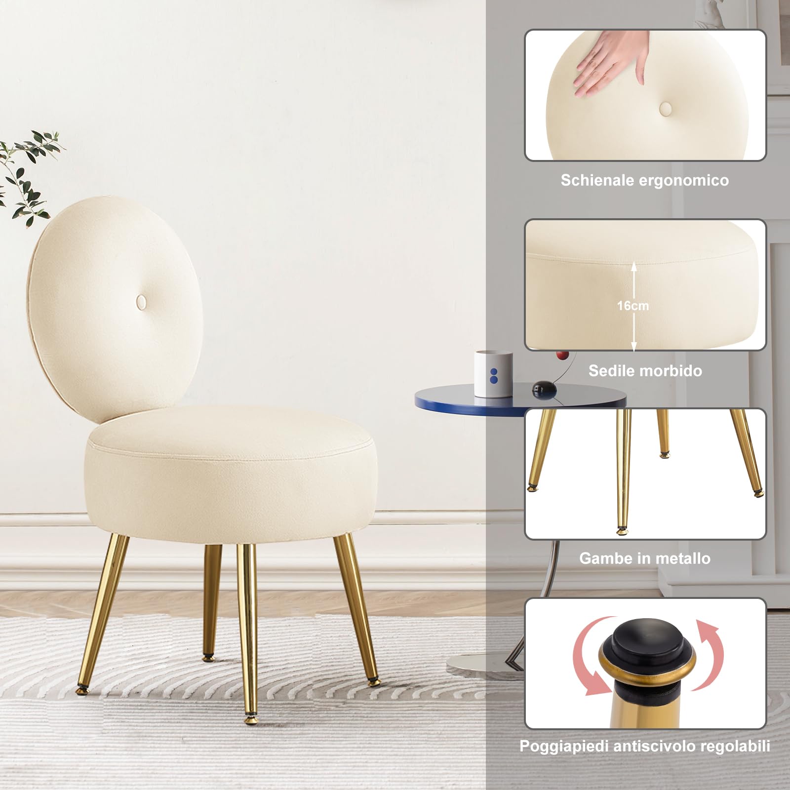 Poltrona da Trucco in Velluto Imbottita Schienale e Gambe in Metallo per Camera da Letto, Salotto, Soggiorno, Cucina, Studio - Beige