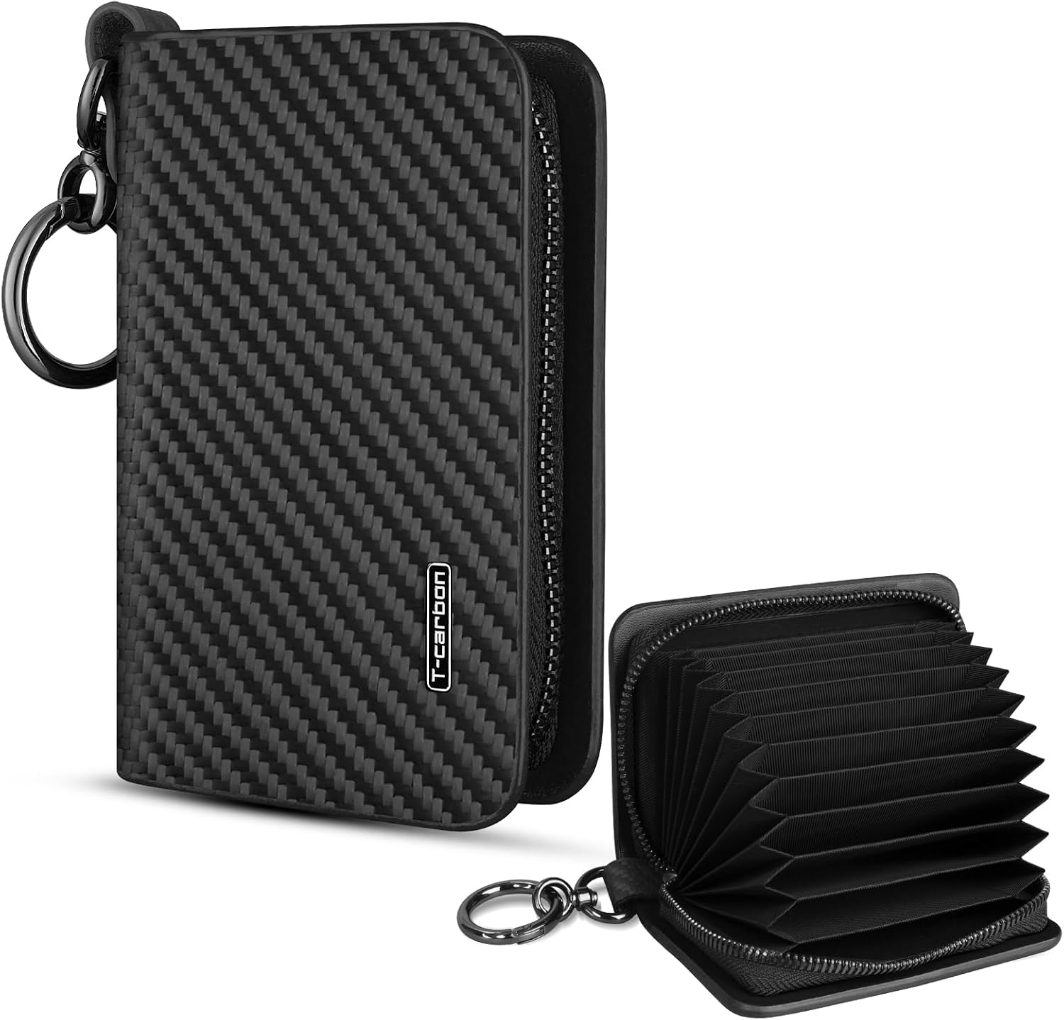 T-carbon Credit Card Holder with ZIpper,RFID Blocking Wallet for Men and Women,Carbon Fiber Leather business card holder,10 Card Slots Black