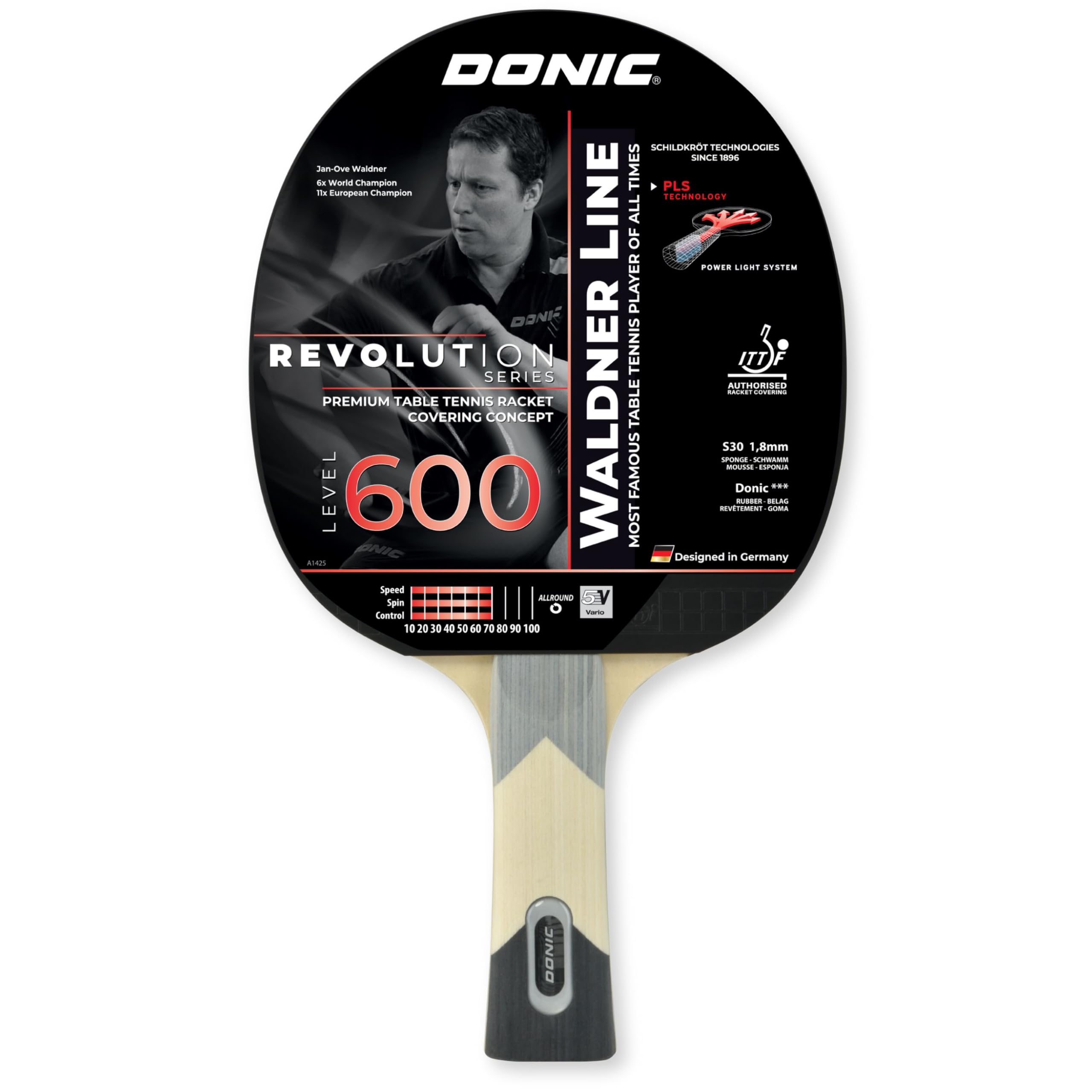 Donic-Schildkröt Waldner 600 733862 Table Tennis Bat PLS Grip 1.8 mm Sponge Donic 2-Star ITTF Rubber