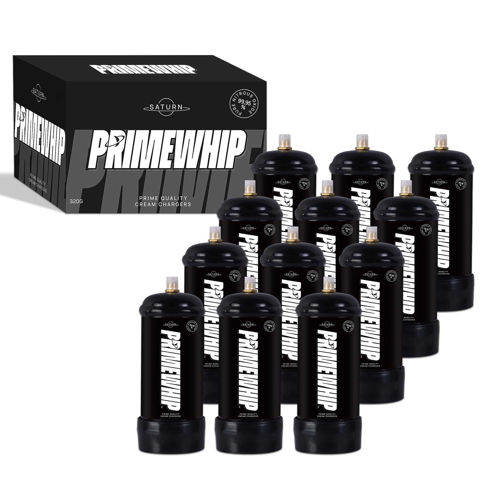 Prime Whip Saturn 320G - The Ultimate Cream Charger - Food Grade 99.95% Pure Nitrous Oxide Whip It for a Universal Whipped Cream Dispenser – (12 Nitrous Oxide Tanks)