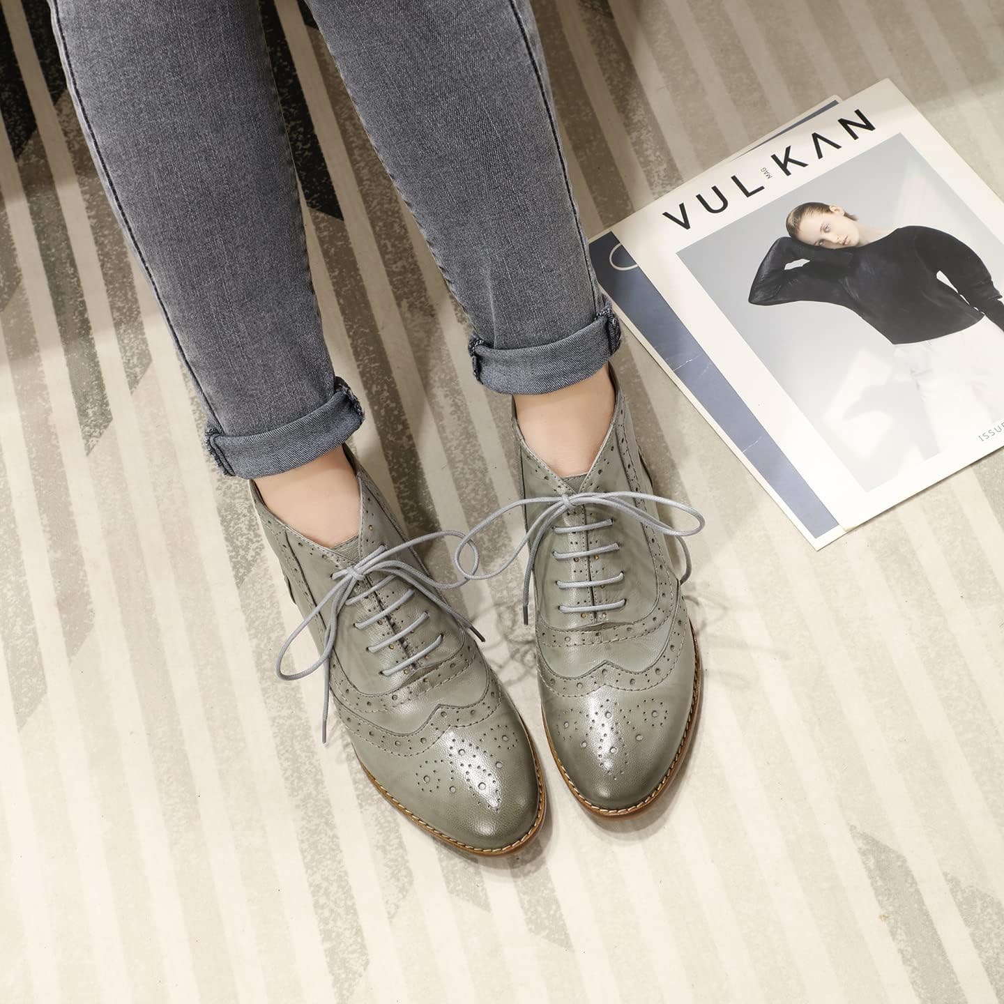 Mona flying Women's Leather Lace-up Wingtip Oxfords Brogue Boots Ankle High Vintage Tie up Booties Ladies Low Heel Short Boots - Image 2