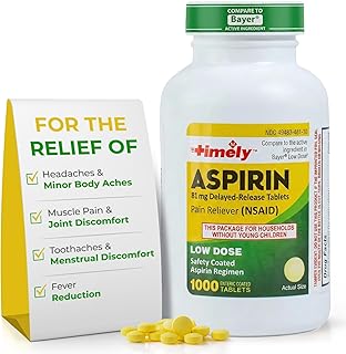 TIME-Cap Labs 1000 Tablets Low Dose Aspirin 81mg Enteric Coated - NSAID Pain Reliever & Fever Reducer for Adults, Helps with Minor Aches, Headaches, Muscle Pain, Toothaches, and Joint Discomfort