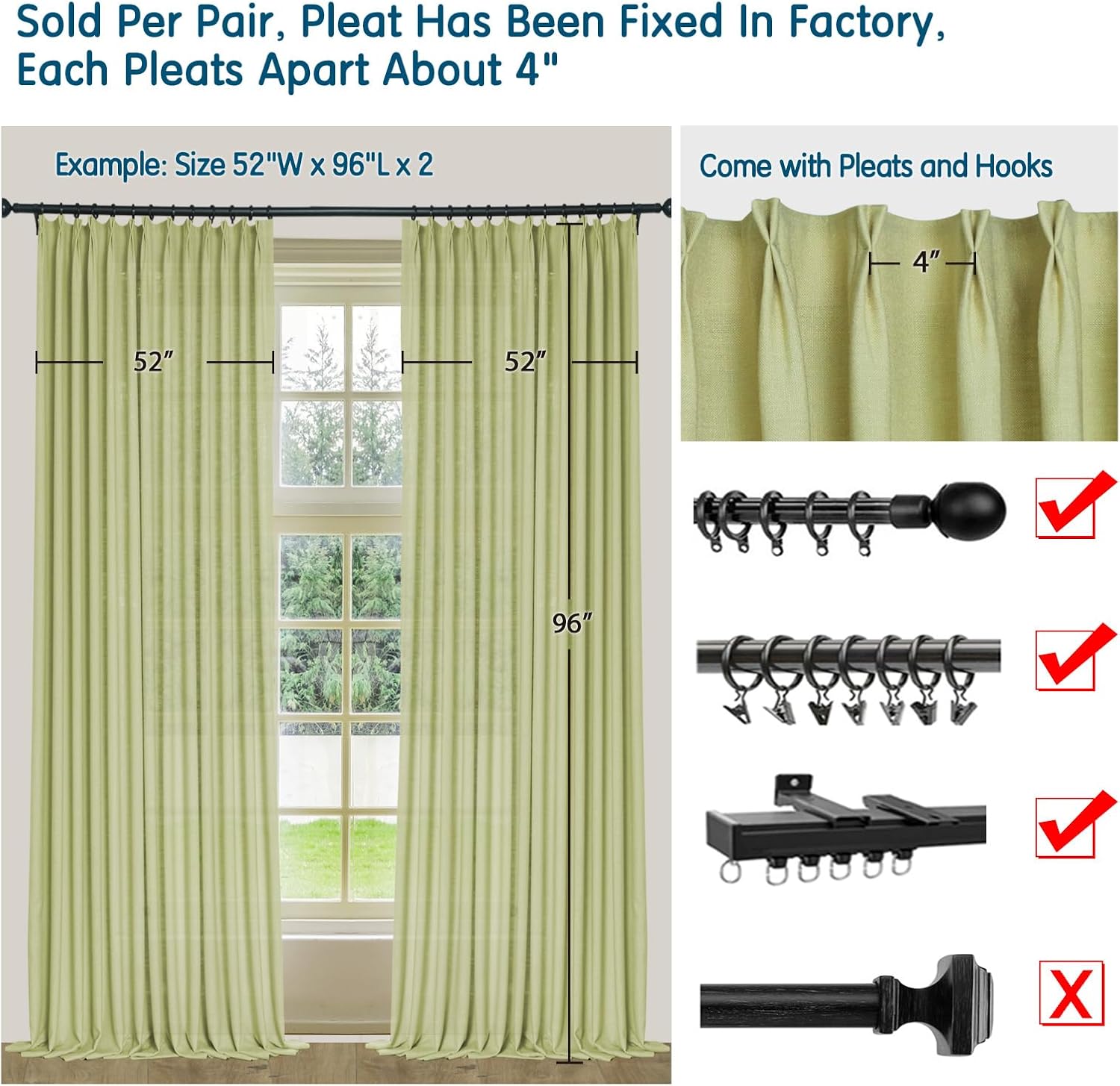 LETAU Green Linen Curtains 54 inches Long, Pinch Pleated Lined Blackout Curtains, 26" W x 54" L, 2Panels