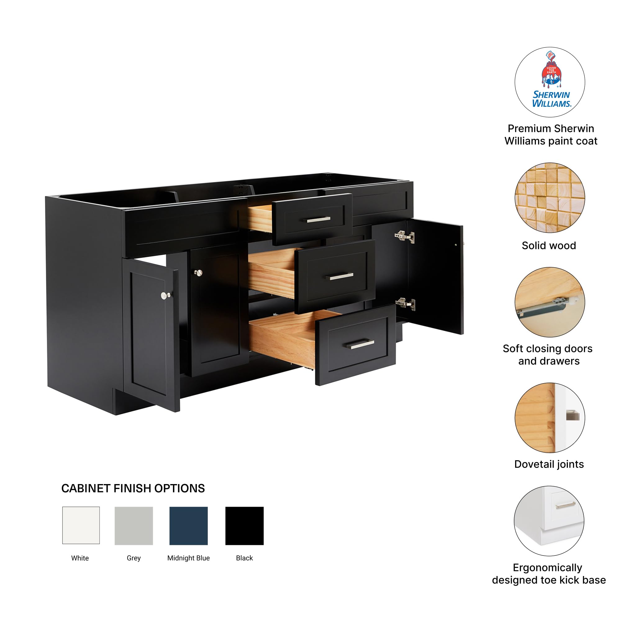 DKB Bradford 72-Inch Black Double Bathroom Vanity Base Cabinet