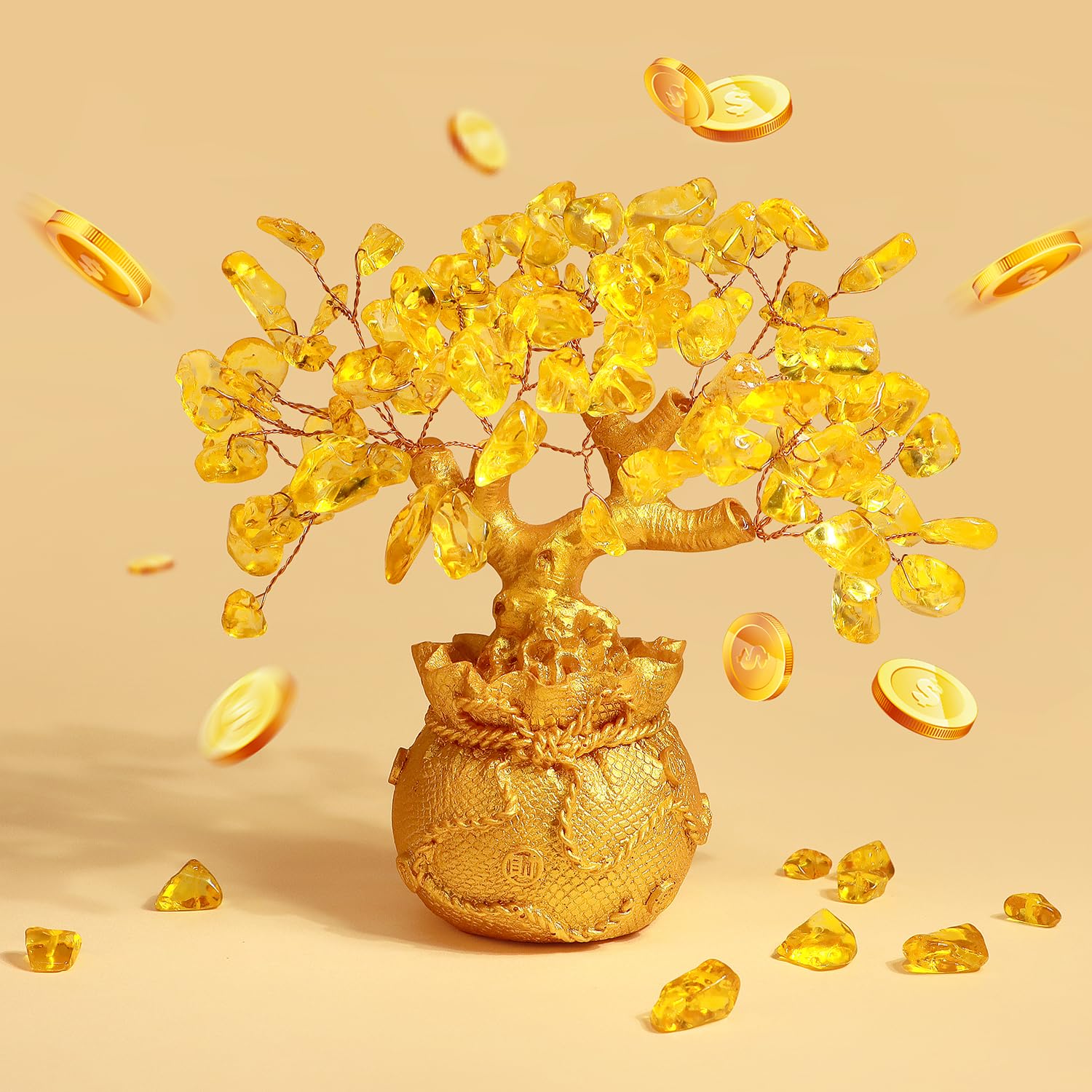 Yellow Crystal Money Tree, Handcrafted 90 Crystal Gems on Rose-Gold Wire, Solar Plexus Chakra Healing, 6″ Feng Shui Money Tree for Wealth Attraction,