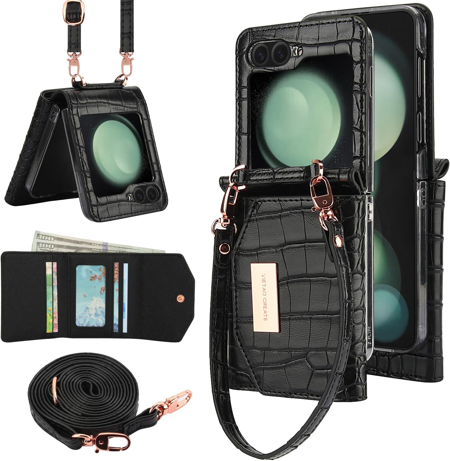 for Samsung Galaxy Z Flip 6 Wallet Case with Built-in Leather Cash Slot and Credit Card Holder. Wristlet Strap and Hinge Protection, Carrying Handbag Phone Case.Special Edition (Crocodile)