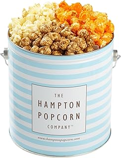 3 Flavor, 1 Gallon Blue & White Stripe Gourmet Popcorn Tin, Butter, Caramel & Orange Cheddar Cheese, The Hampton Popcorn & Candy Company (10.5 Oz., 1 Gallon Tin)