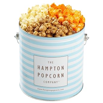 3 Flavor, 1 Gallon Blue & White Stripe Gourmet Popcorn Tin, Butter, Caramel & Orange Cheddar Cheese, The Hampton Popcorn & Candy Company 10.5 Oz., 1 Gallon Tin