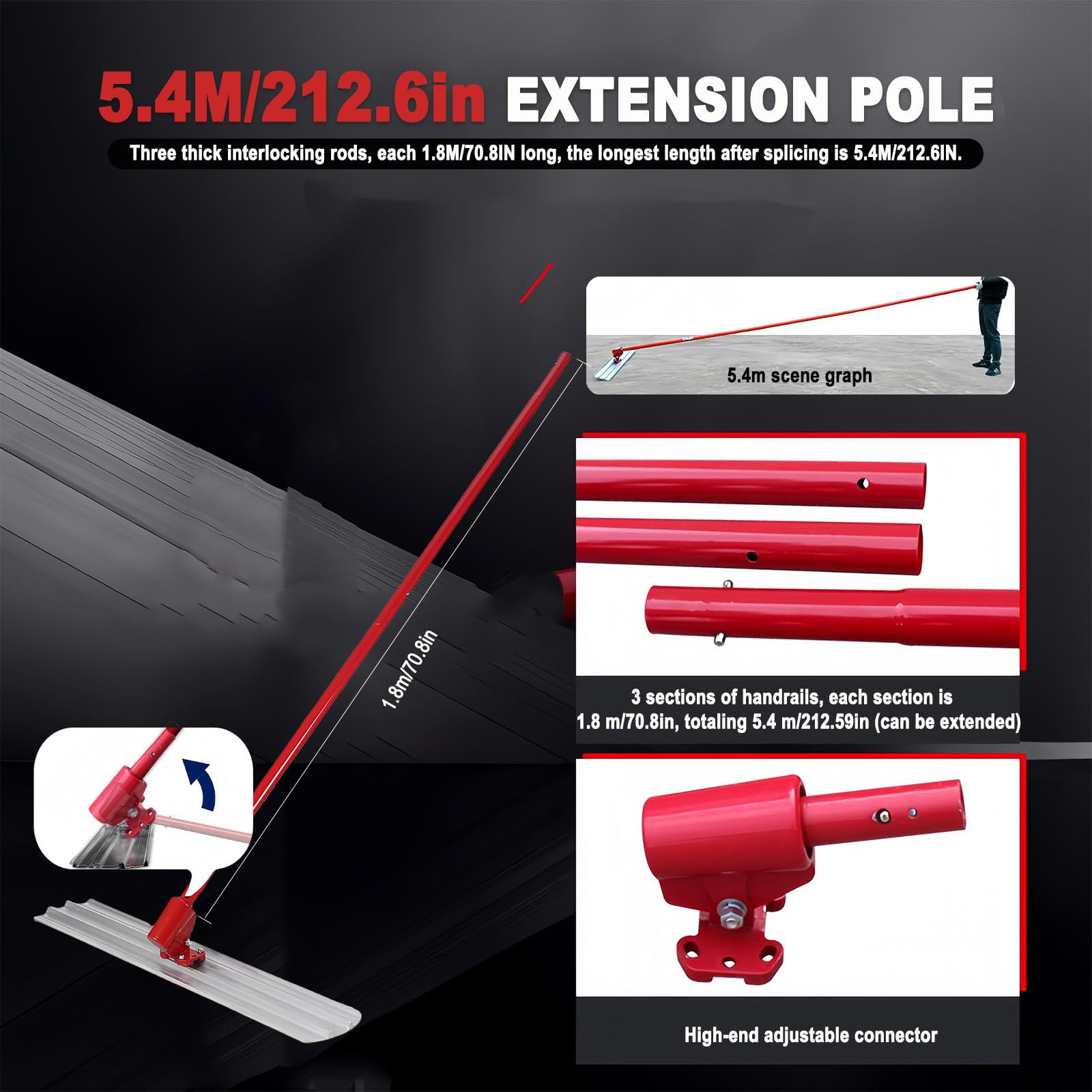 Juego de paletas de hormigón con soporte ajustable y poste de extensión de 1,8 m, hoja de aleación de aluminio y magnesio, herramienta esencial para trabajos de cemento y mortero