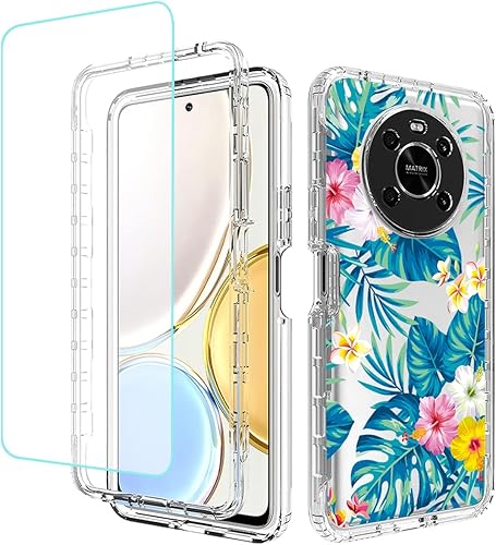 Funda para Honor X9 4G/Honor X9 5G/Honor X30/Honor Magic4 Lite con protector de pantalla de vidrio templado, TPU transparente floral a prueba de