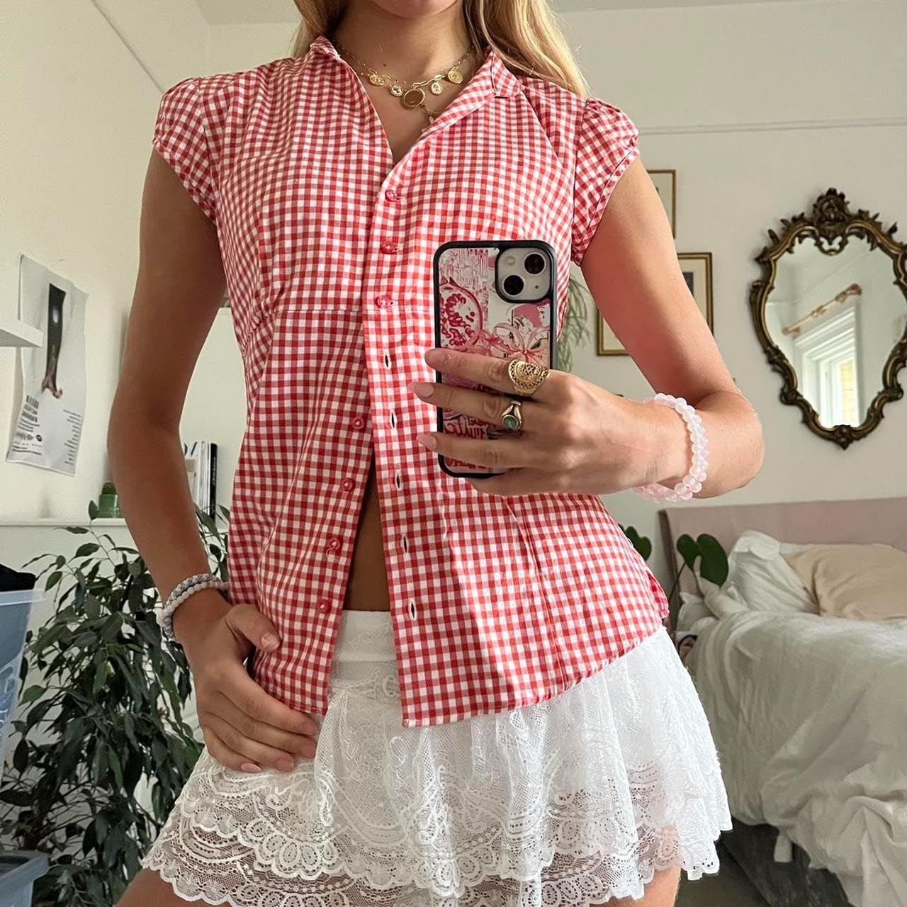 Women Short Cap Sleeve Gingham Shirt Summer Casual Button Down Plaid Top Y2K Blouse Streetwear - Image 2