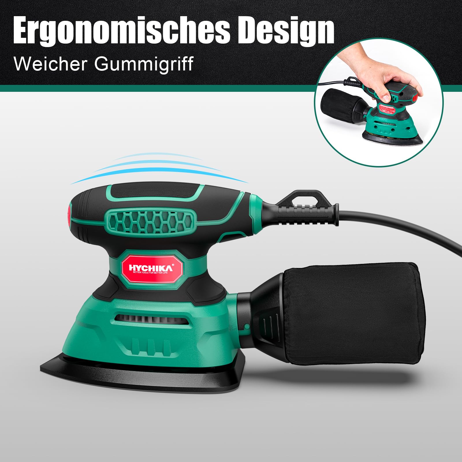 HYCHIKA Ponceuse Bois 140W, 13000 OPM Ponceuse avec dépoussiérage efficace, avec 12PCS papier de verre, idéal pour poncer le bois et enlever la rouille et la peinture