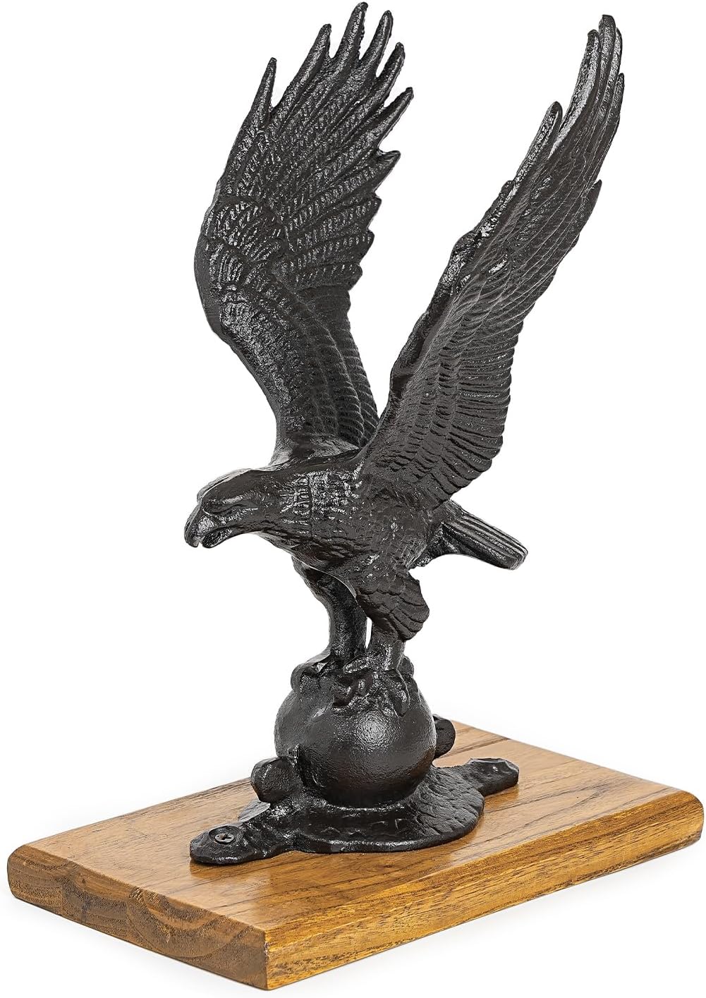 Sungmor Cast Iron Flying Eagle Statue for Good Luck, Vintage Home Office Desk Shelf Decor Figurine, Large Eagle Statue Standing on Wood, Bookshelf Display Collectible Accent Sculpture, Award Gift Idea