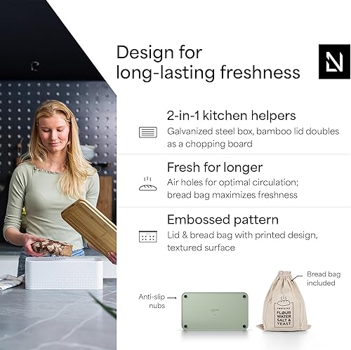 Miniatura 9 de LARS NYSØM Panera I Caja de pan de metal con bolsa de pan de lino para una frescura duradera I Caja de pan con tapa de bambú utilizable como tabla