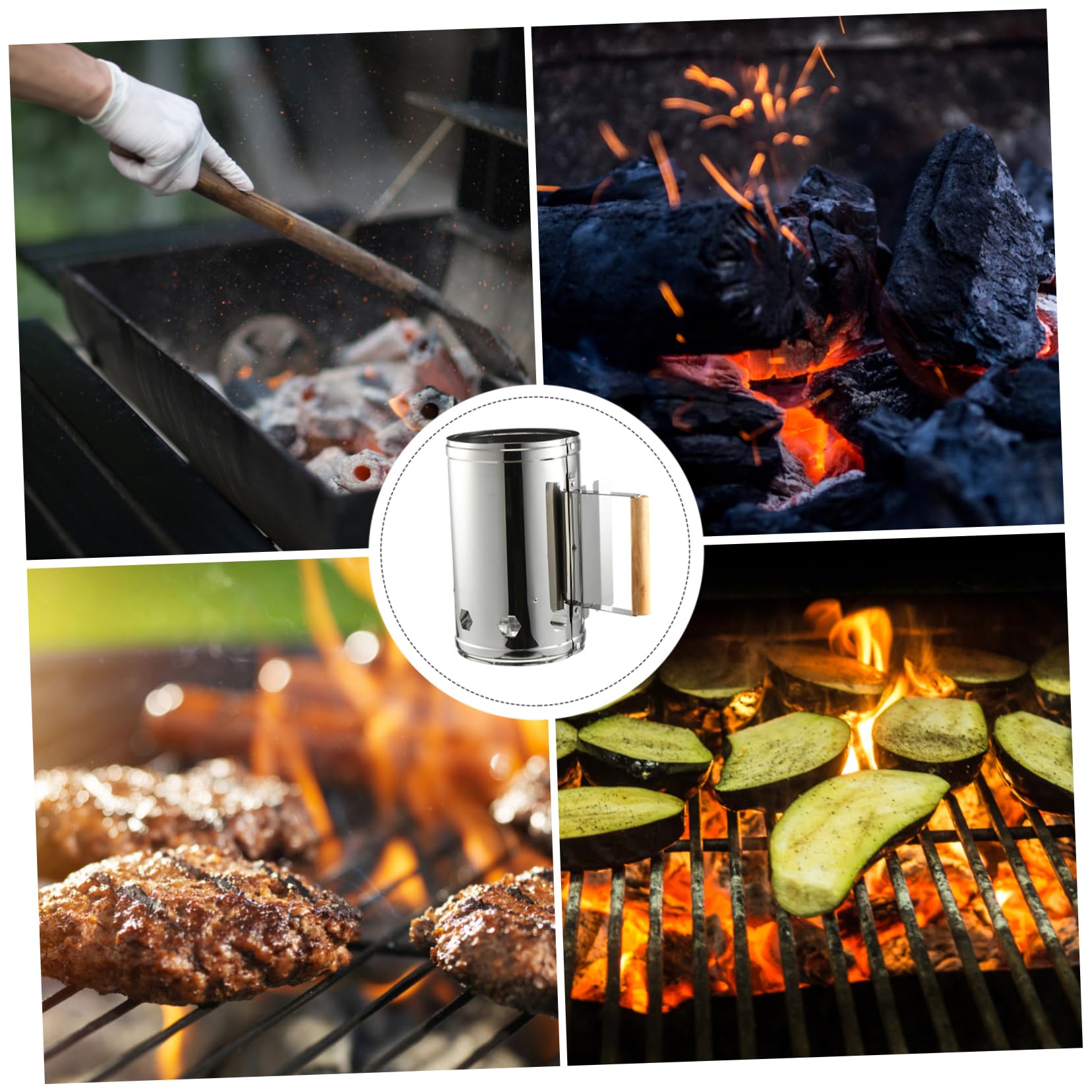 Abaodam Ciminiera per Accensione Barbecue in Ferro Zincato Pannello Isolante in Legno Resistente al Calore, Avvia Carbone Rapidamente per Barbecue e Campeggi