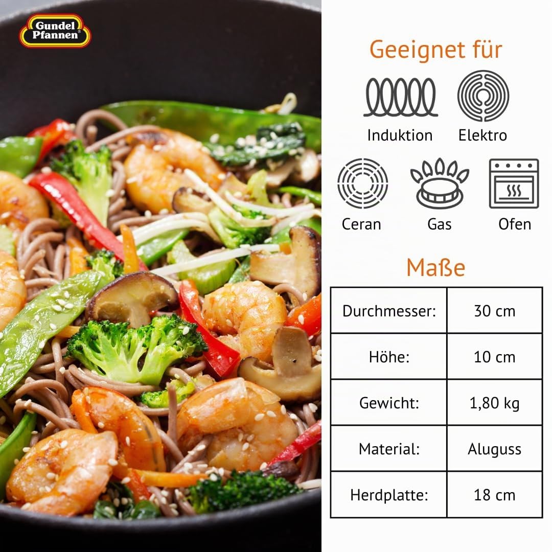 Original Gundel GUSS-WOK INDUKTION, Ø 30 cm, Höhe 10 cm, Rühr-Pfanne PFOA-frei, Akku-Therm Boden – fester Stiel
