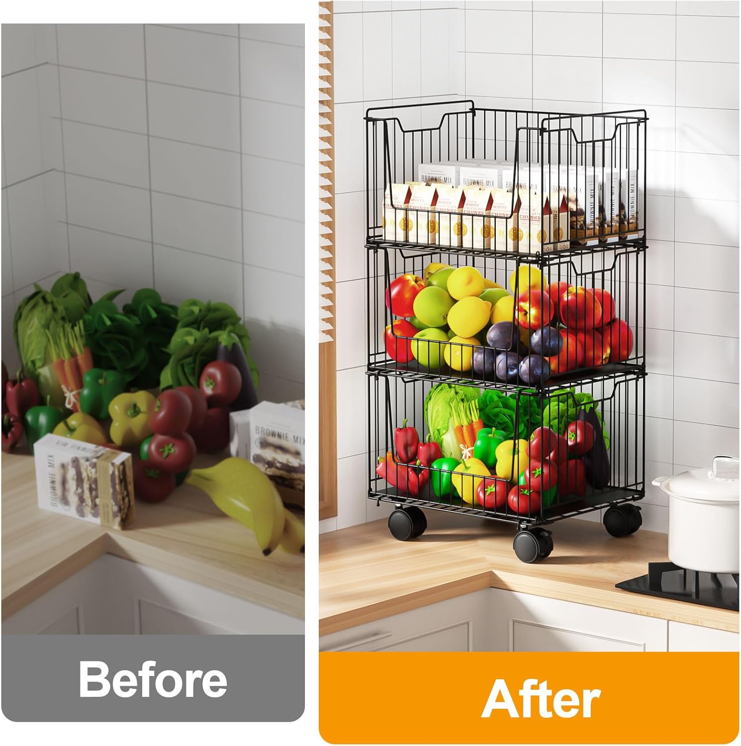 Metal Storage Carts with Wheels, 3 Tier Rolling Cart Organizer, Stackable Pantry Storage Cart, Fruit and Vegetable Storage Basket, Metal Wire Storage Baskets for Kitchen Vegetable Storages Rack
