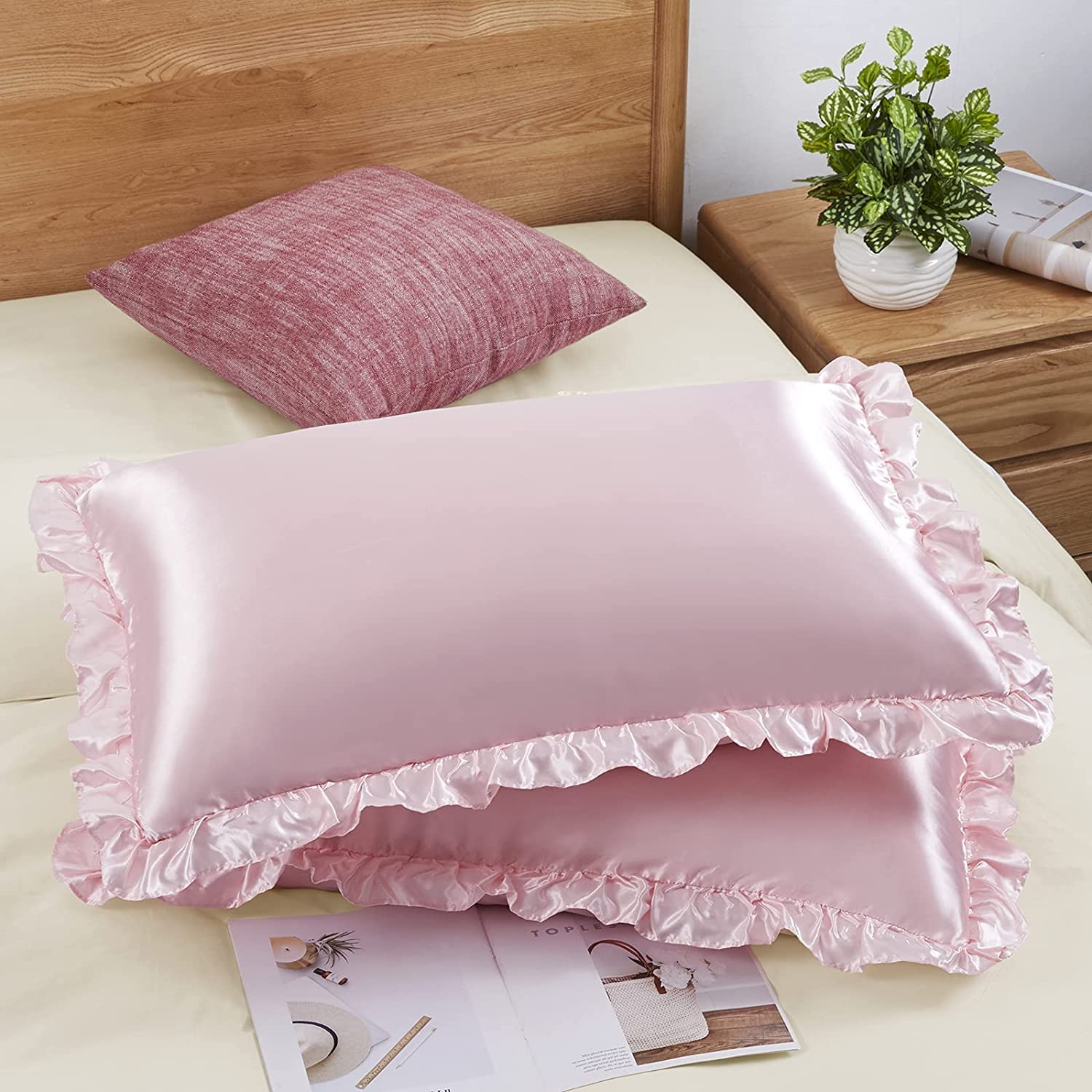 LAKULISH COLLECTION Satin Silk Pillow Covers for Hair and Skin-with Satin Scrunchies for Women Stylish |Satin Pillow Covers for Hair and Skin 2pack |Silk Scrunchies for Women 3pack (Pink) 1