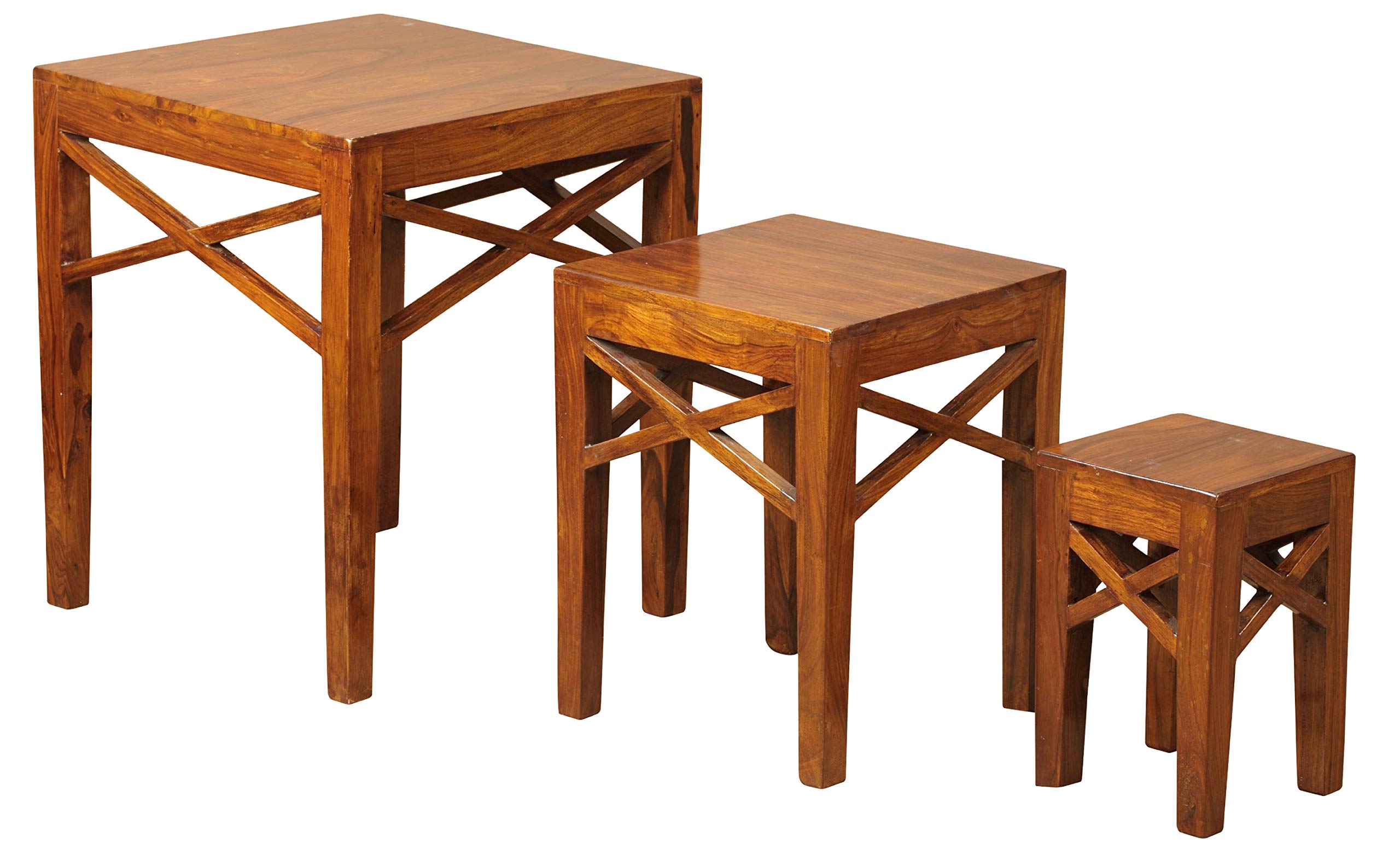 NSH Solid Sheesham Wood Delia Nesting Table Set of 3 Stools for Living Room Furniture Portable Bedside End Tables for Home Sofa Side Table for Bedroom Office - (Honey Finish)