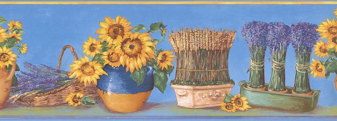 CONCORD WALLCOVERINGS ™ Classic Floral Wallpaper Border Featuring Flower Vases with Sunflowers and Lavenders, Colors Yellow Blue, Size 7 Inches by 15 Feet KC78062