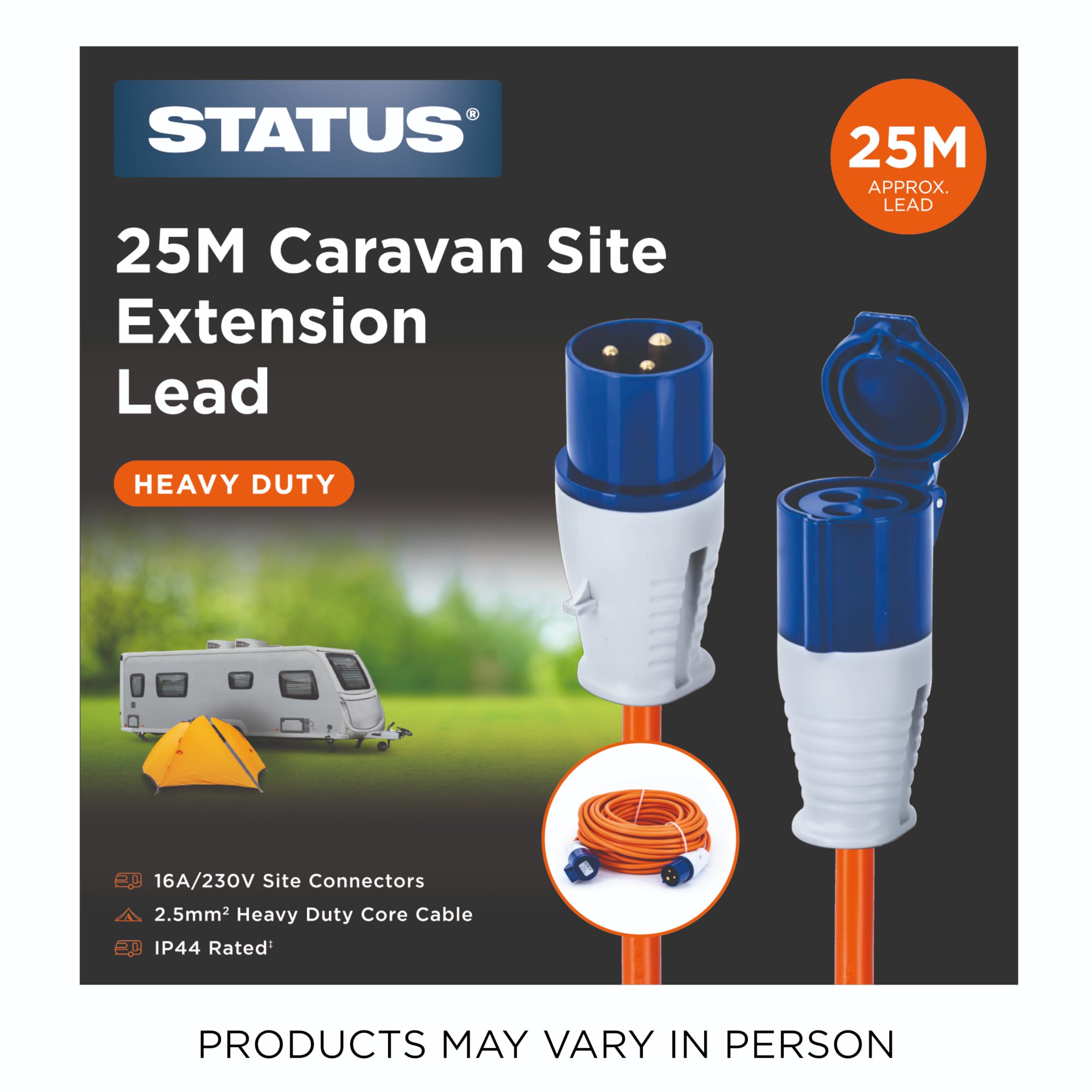 Status Cavo di prolunga resistente, 25 m, nucleo da 2,5 mm, 16 A/230 V, IP44 resistente alle intemperie, ideale per campeggio, roulotte, camper e cantieri (25M16A2.51PK4)