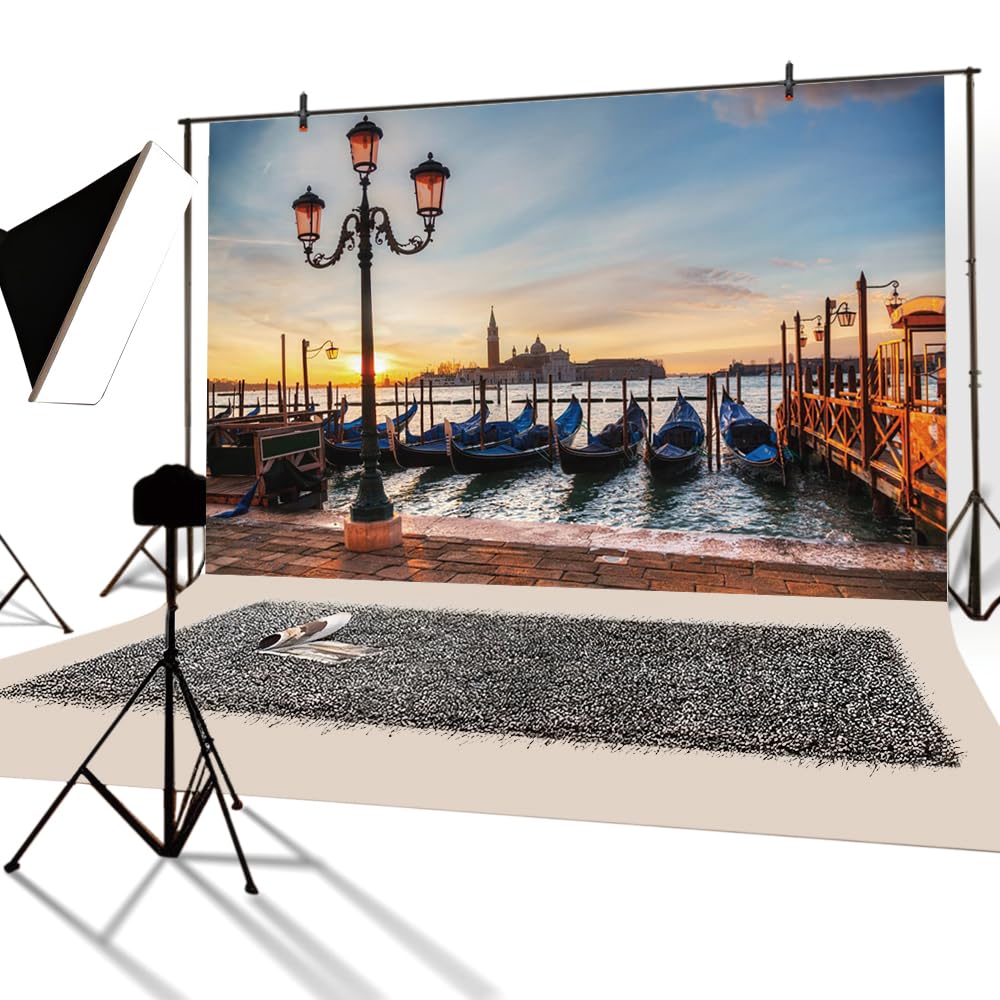 YongFoto 2,2x1,5m Sfondo Fotografico Gondole italiane tradizionali in Europa Venezia Chiesa San Giorgio Maggiore Sunrise Fondale Foto Festa Bambini Boby Nozze Adulto Partito Studio Puntelli