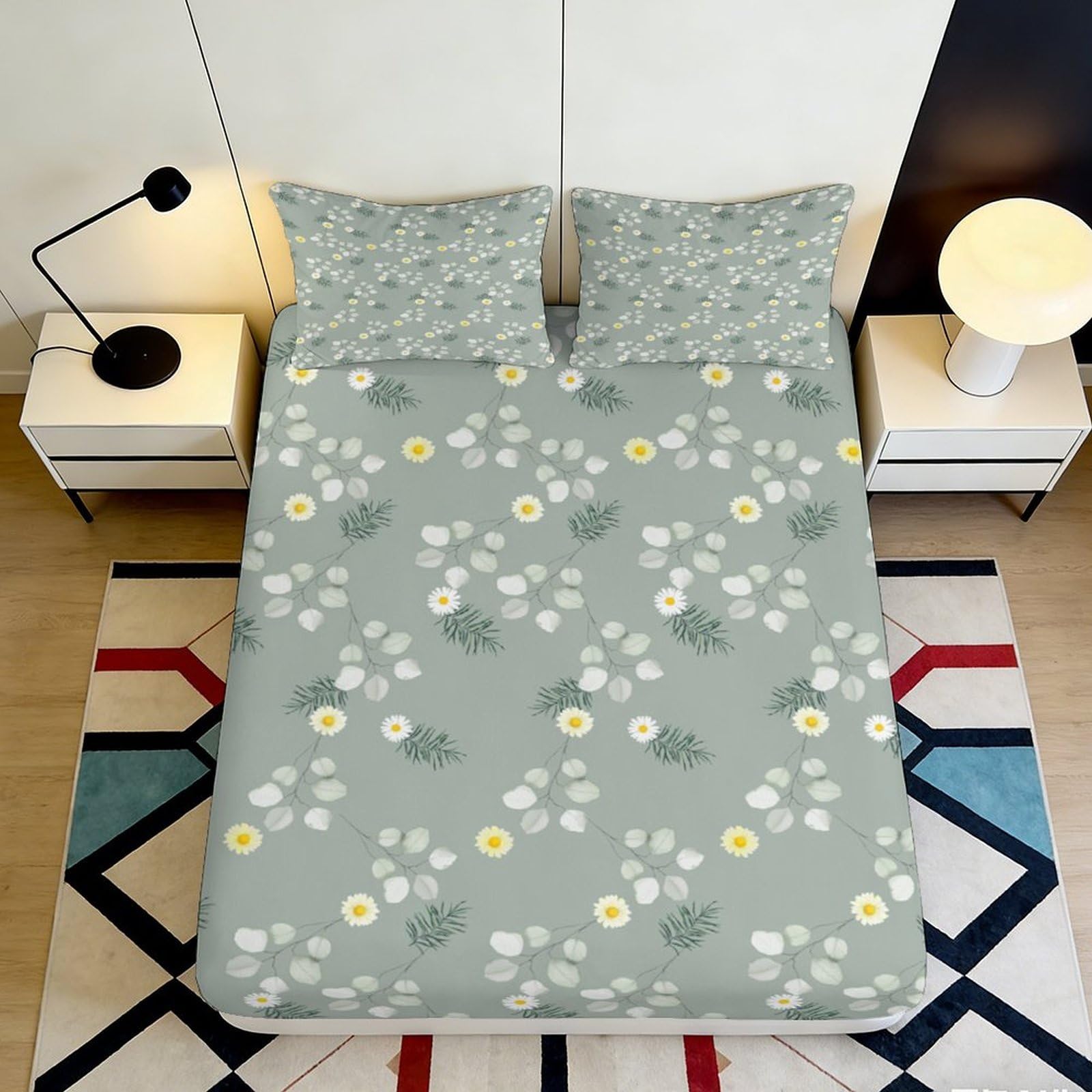3D Printed Daisy Meadow Fitted Sheet Microfiber Soft Breathable Floral Green Mattress Cover for Bedroom Guest Room Decor 90x200x25cm