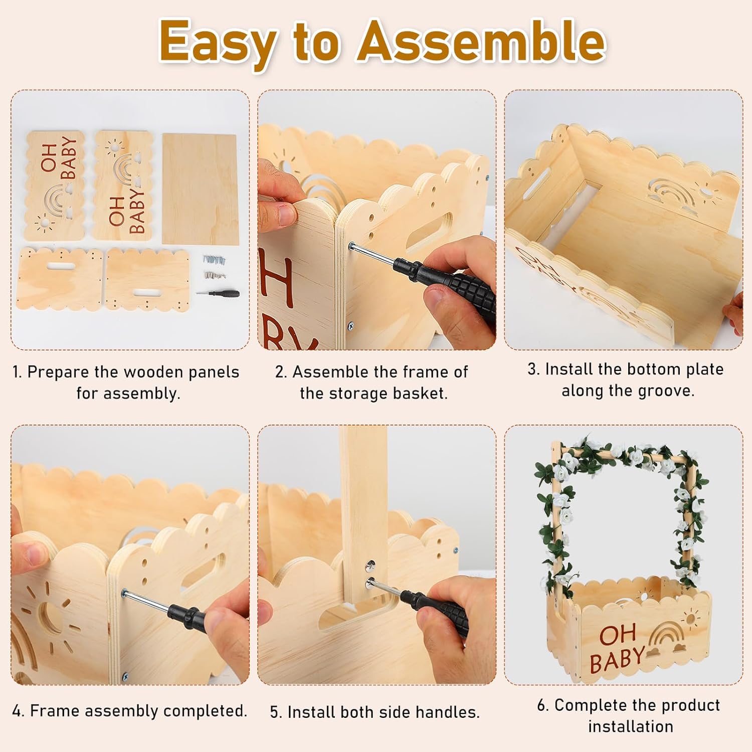 Wooden Baby Shower Crate Closet, Large Baby Shower Cupboard, Newborn Clothes Wardrobe Storage Basket with Handle Garland and 6 Clothes Hangers, Welcome Baby Gifts, for Pregnancy, 50.6 x 34 x 22.8cm