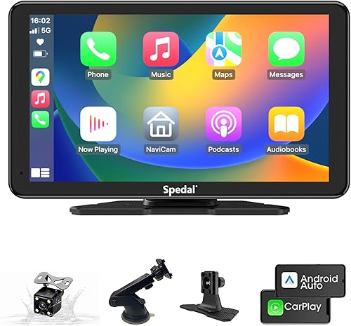 Spedal Estéreo portátil para automóvil compatible con CarPlay y cámara de respaldo, CarPlay inalámbrico y pantalla de auto Android Auto de 7