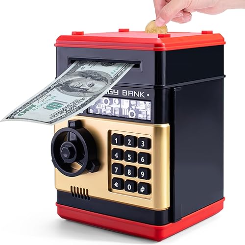 Alcancía para niños, banco de dinero de huevos de dinosaurio con desbloqueo de huellas dactilares, luz nocturna, música, cajero automático de