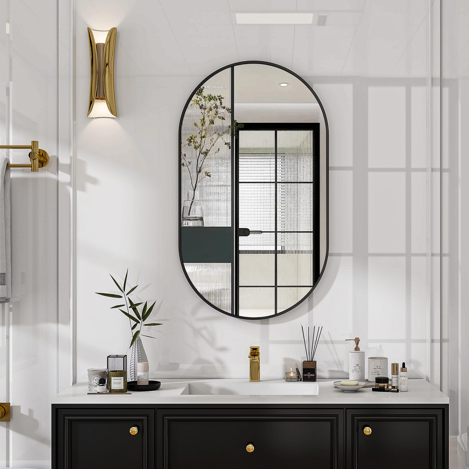 Koonmi Black Oval Bathroom Mirror, 43 X 76 Cm Tempered Glass Wall Mounted Mirror, Bathroom Vanity Mirror Without Distortion Hanging Horizontally Or Vertically For Bedroom, Entryway, Living Room,