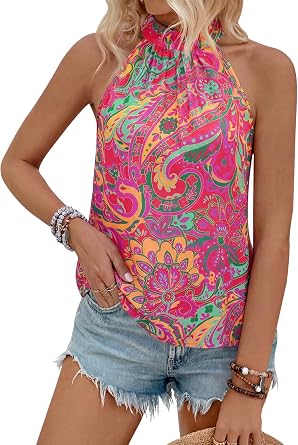PRETTYGARDEN Halter Tops for Women Summer Sleeveless Blouses Dressy Casual | High Neck Y2k Shirt, Lightweight Loose Fit Tank Top, Boho Beach Vacation Clothes, Tropical Paisley Print, Back Keyhole Button