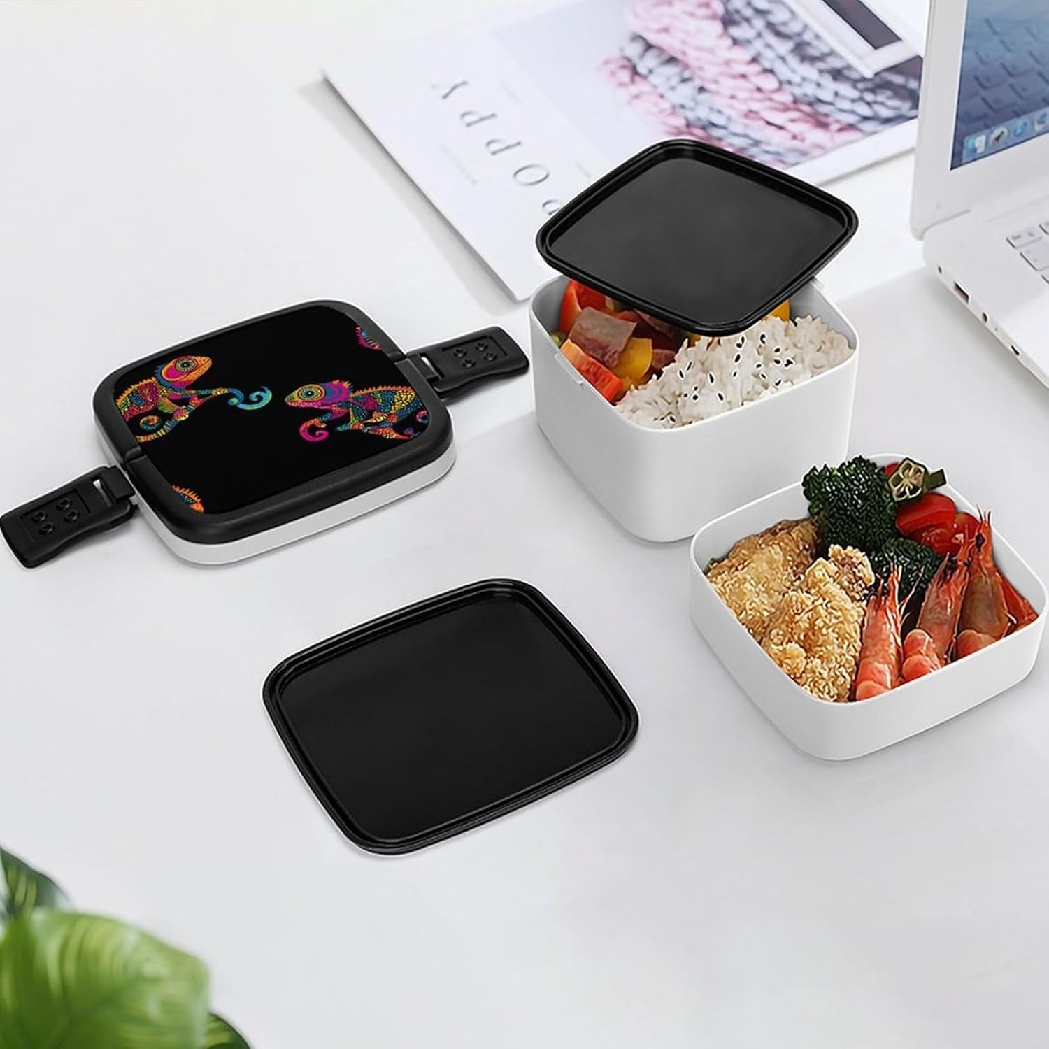Chameleon Bento Box with Spoon 2 Layer Food Container Cute Lunch Box for Travel Dining Work