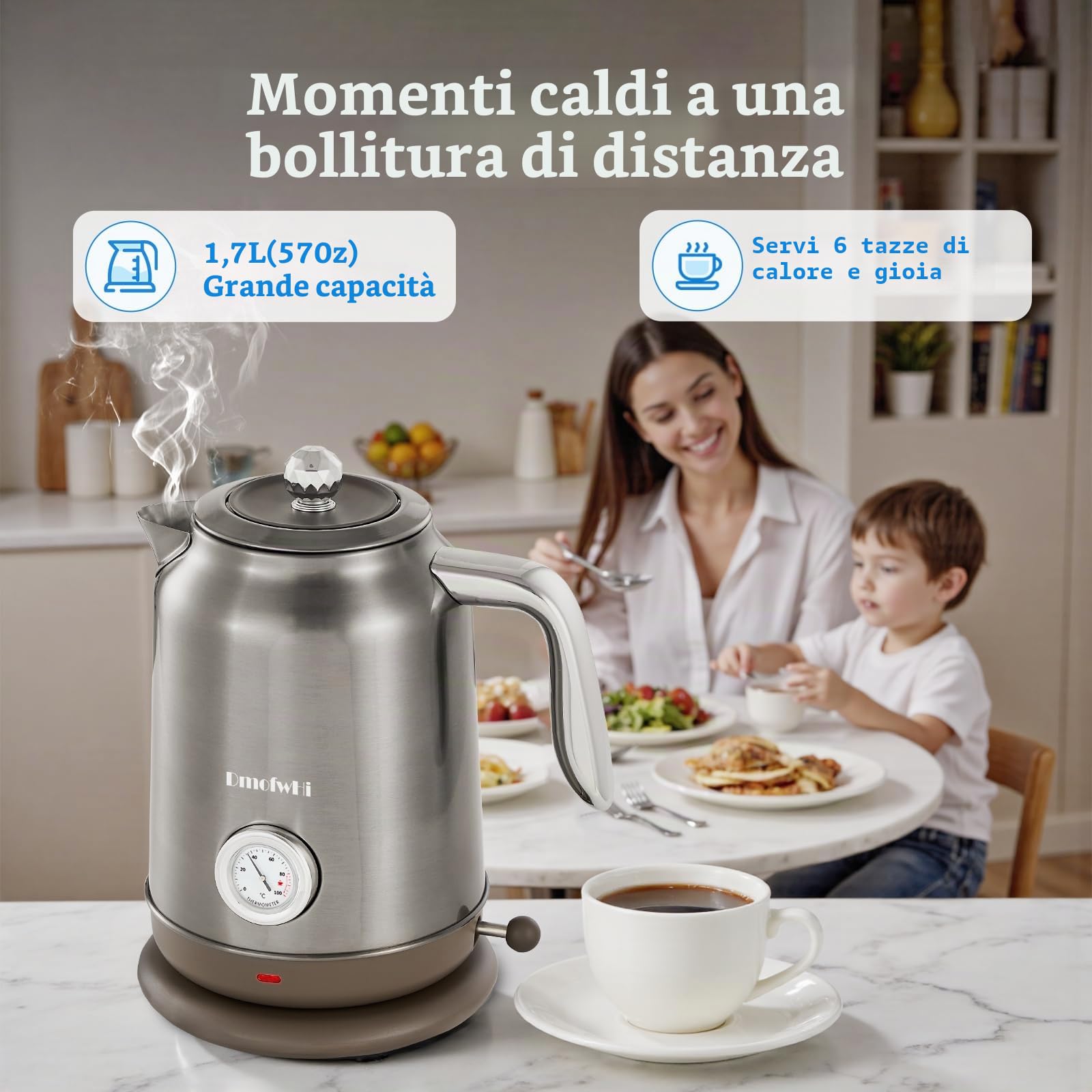DmofwHi Bollitore Elettrico Inox 1,7L - Teiera Retrò con Termometro e Indicatore di Temperatura - Spegnimento Auto & Protezione Ebollizione Secca - Per Caffè, Tè e Famiglia (Cromo)