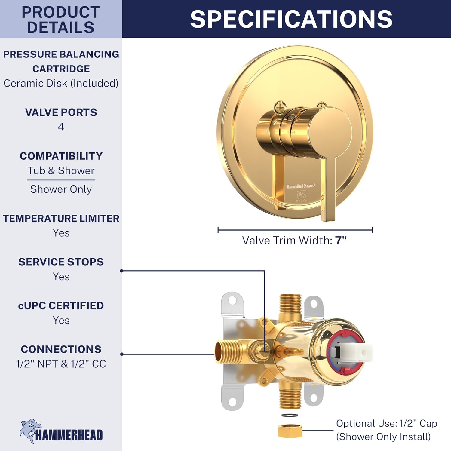 HammerHead Showers Solid Metal Single-Handle Trim Kit with Rough-In Shower Valve, Volume and Temperature Control, Pressure Balance, Polished Brass