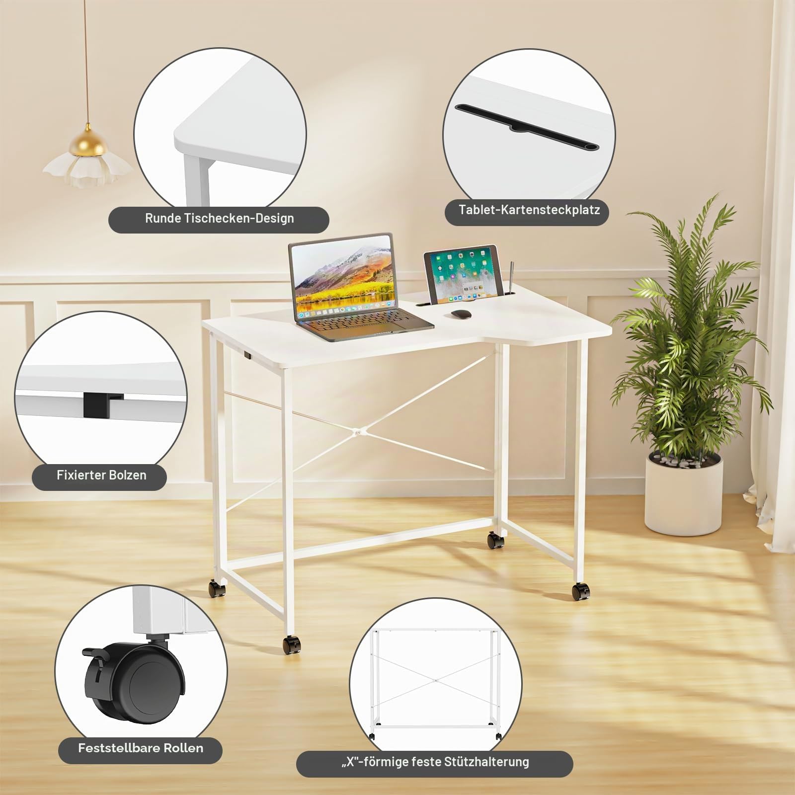 Schreibtisch klappbar mit Tablet Steckplatz, Mobiler Computertisch mit 4 Rollen, Faltbar PC Tisch Bürotisch für Home Office 90x56x75cm, Klappschreibtisch Holz Weiß