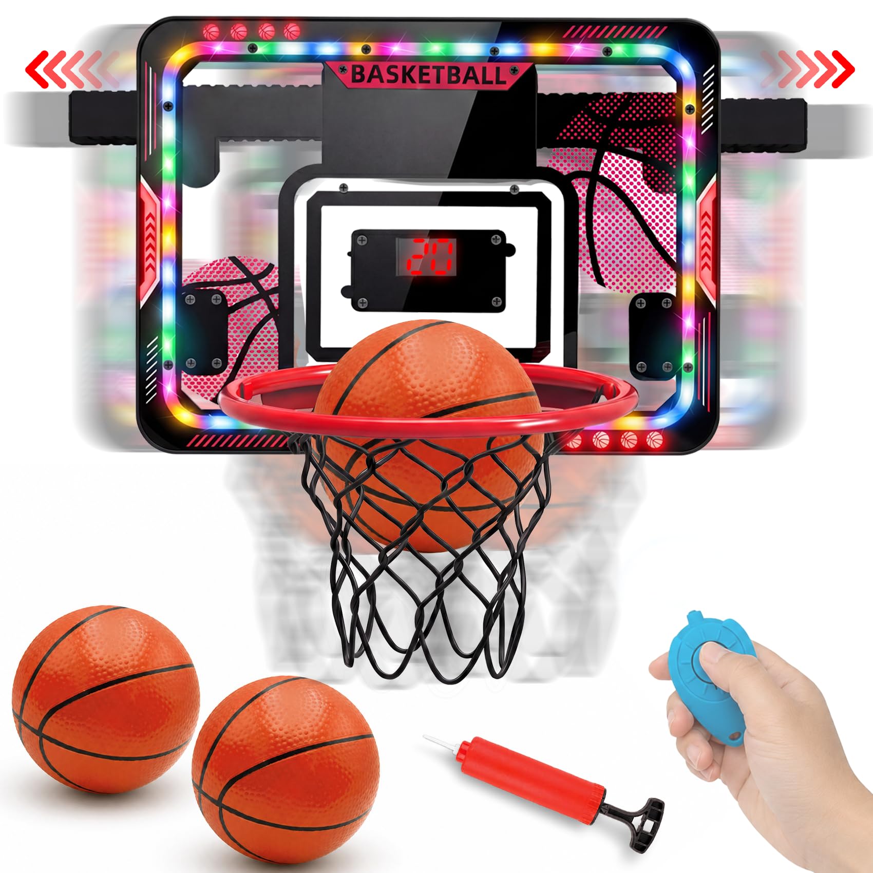 VATOS Canestro da Basket Mobile Interno per Bambini, Canestro da Basket da Porta con Luci Led/Tabellone Segnapunti/Palline, Giocattolo Basket Telecomandato, Regalo Divertente per Maschi
