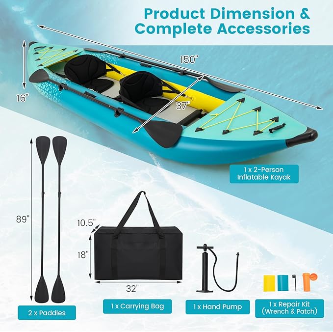GYMAX Kayak Inflable, 12.5 pies, 2 personas, 2 remos de aluminio miniatura 7