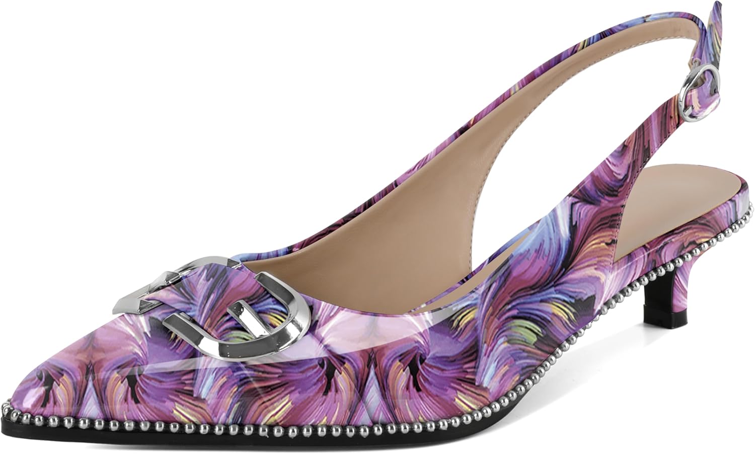 SAMMITOP Slingback Kitten Heels Women Low Heel Beaded Pumps Closed Pointd Toe Shoes Slip On Weddding Party Comfortable 1.5 Inch Dressy Sandals