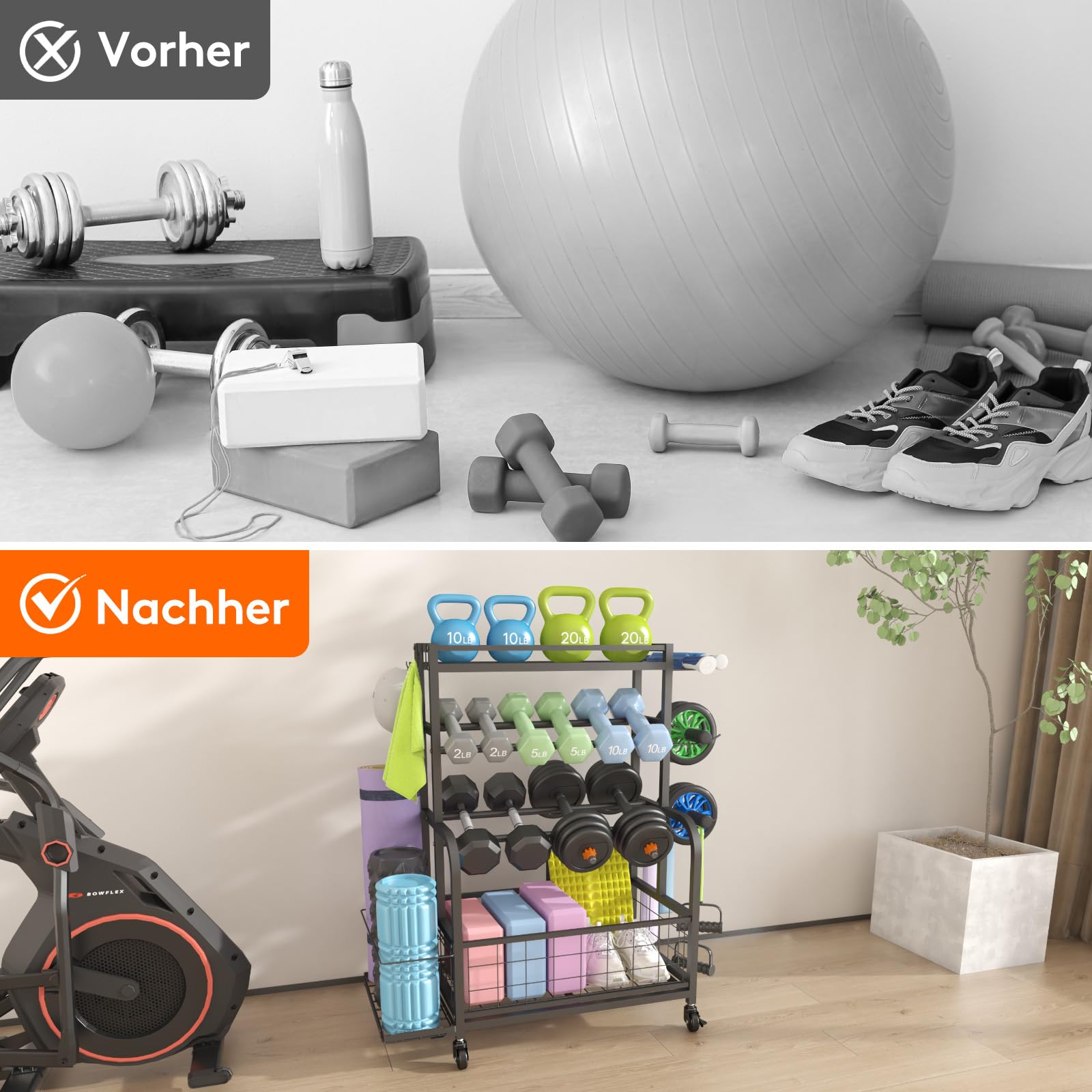 Lifewit Hantelständer für Home Gym, Hantelablage mit Abschließbare Universal-Räder und Haken, Kettlebell Rack, Yoga-Mattenhalter, Hantelregal für Krafttraining, Gewichtsregal für Haus, Garage, Mittel