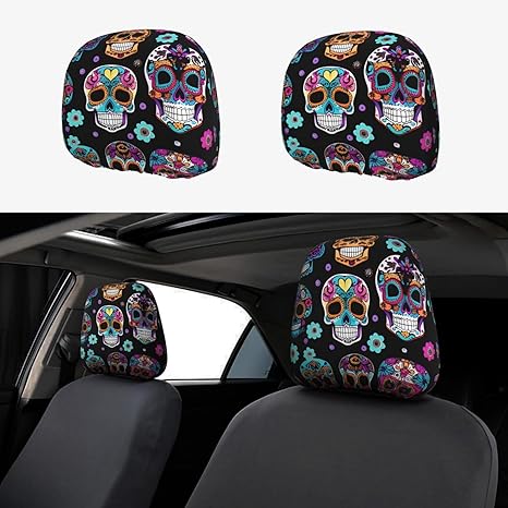 Sugar Skull Print Car Headrest Cover, Practical Present, Easy Install, Fits Cars, Suvs, Trucks and More
