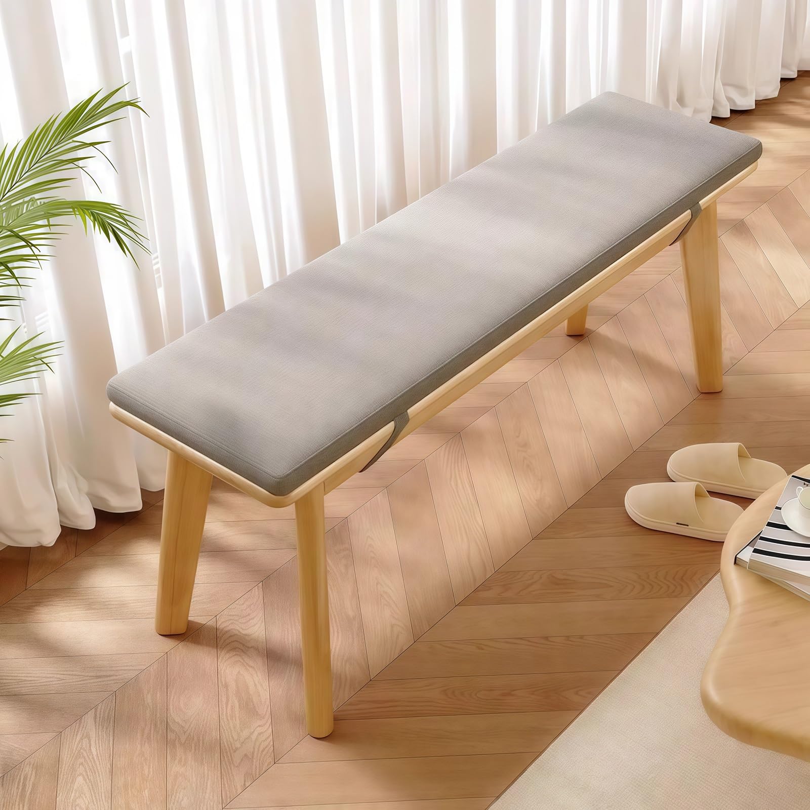 Banco estrecho de entrada en madera de pino y asiento tejido