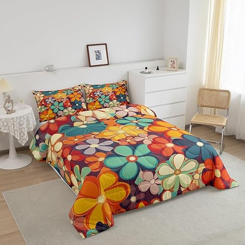 Miniatura 3 de Erosebridal Groovy - Juego de ropa de cama de flores tamaño matrimonial de los años 70, juego de ropa de cama de fiesta con estampado floral arco