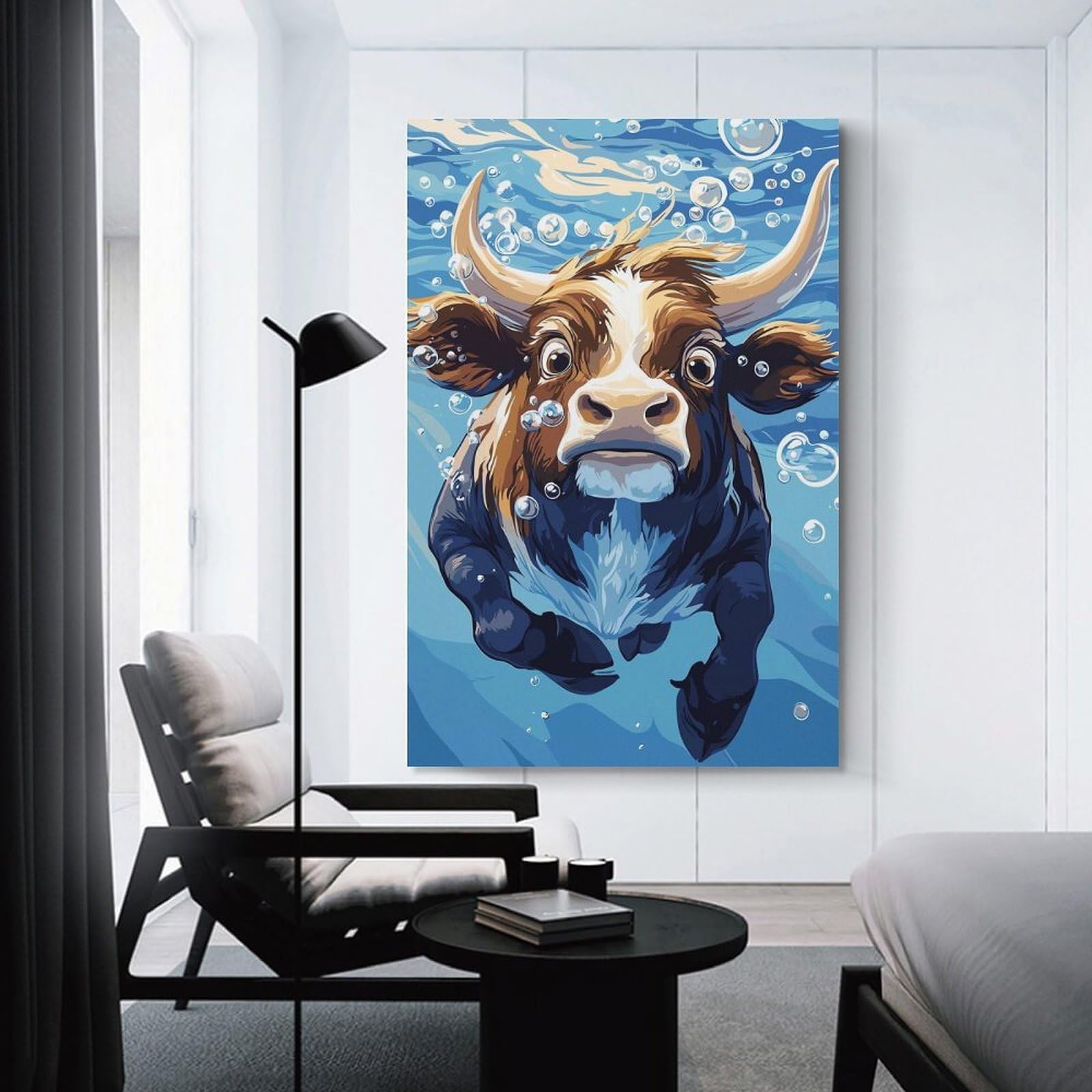 Junmoney Unframe-Style Cartoon Cow Swimming Underwater With Bubbles Room Decor Wall Art 08X12inch(20X30cm), For Lounge Decor, Offices Or Entryway Styling, A Flexible Wall Accent For Shared Spaces