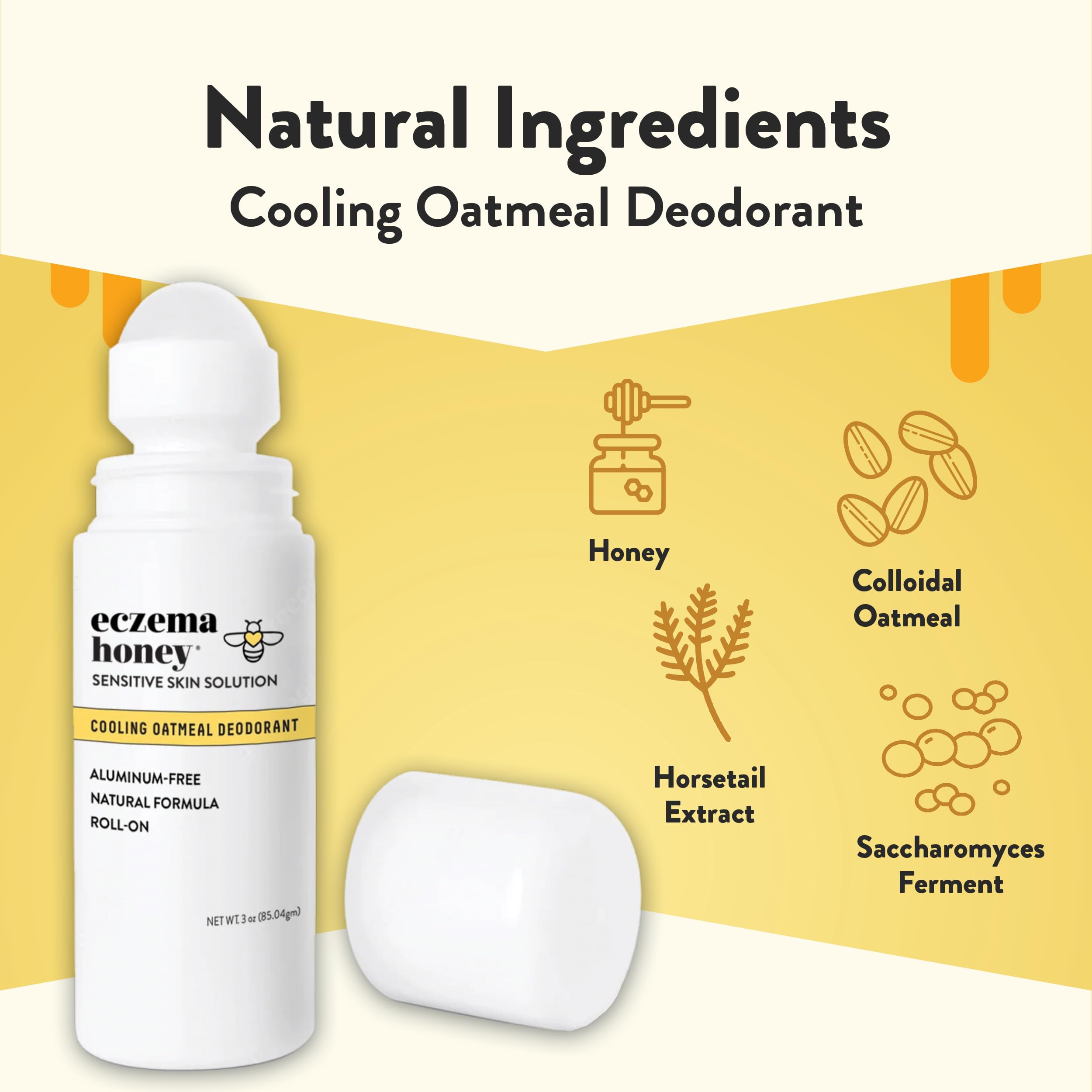 ECZEMA HONEY Deodorante lenitivo all'avena, roll-on senza alluminio, per donne e uomini, deodorante completamente naturale per pelli sensibili e soggette a eczema (85 g)