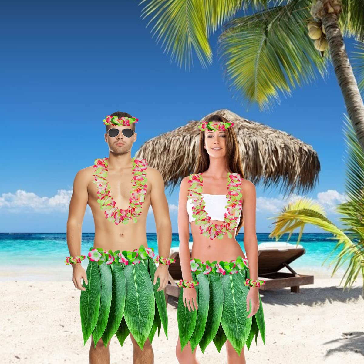 Falda hula de hojas con falda de hierba hawaiana Leis y flores artificiales de hibisco para playa, fiesta hawaiana Luau Tiki (color 8)