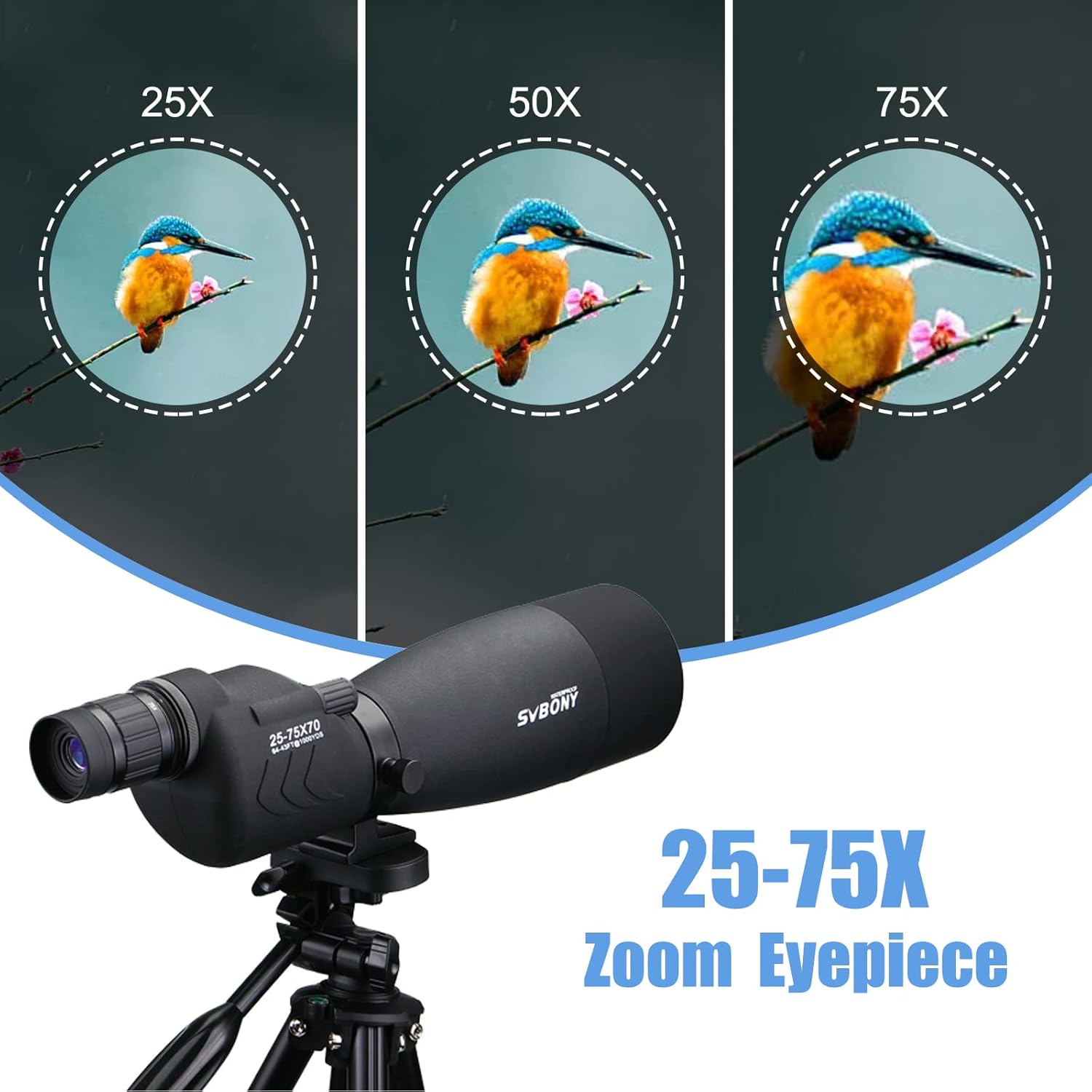SVBONY SV17 Spotting Scope showing 25x, 50x, and 75x zoom levels