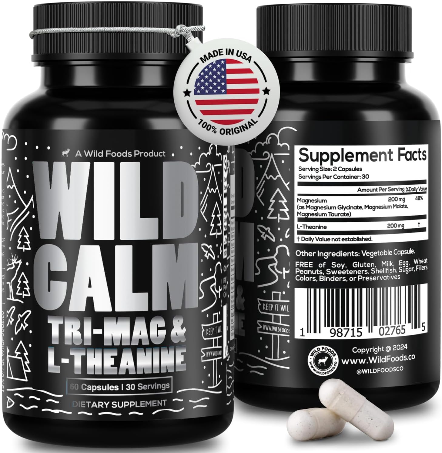 Wild Foods Tri-Mag & L-Theanine – Triple Magnesium Complex for Sleep w/L Theanine – Magnesium Glycinate, Malate, Taurate – 100% Natural – 60 Capsules