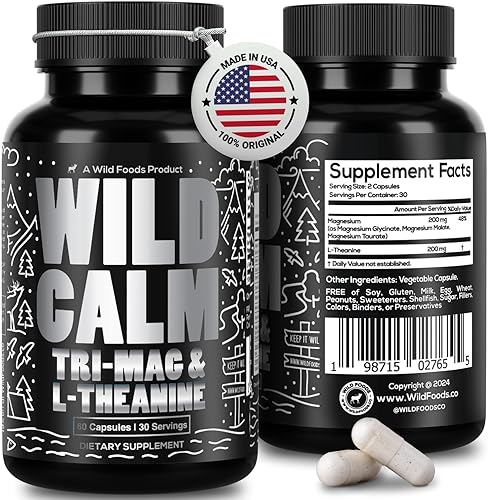Wild Foods Tri-Mag & L-Teanina  Complejo de Magnesio Triple para el Sueño con L Teanina  Glicinato de Magnesio, Malato, Taurato  100% Natural  60